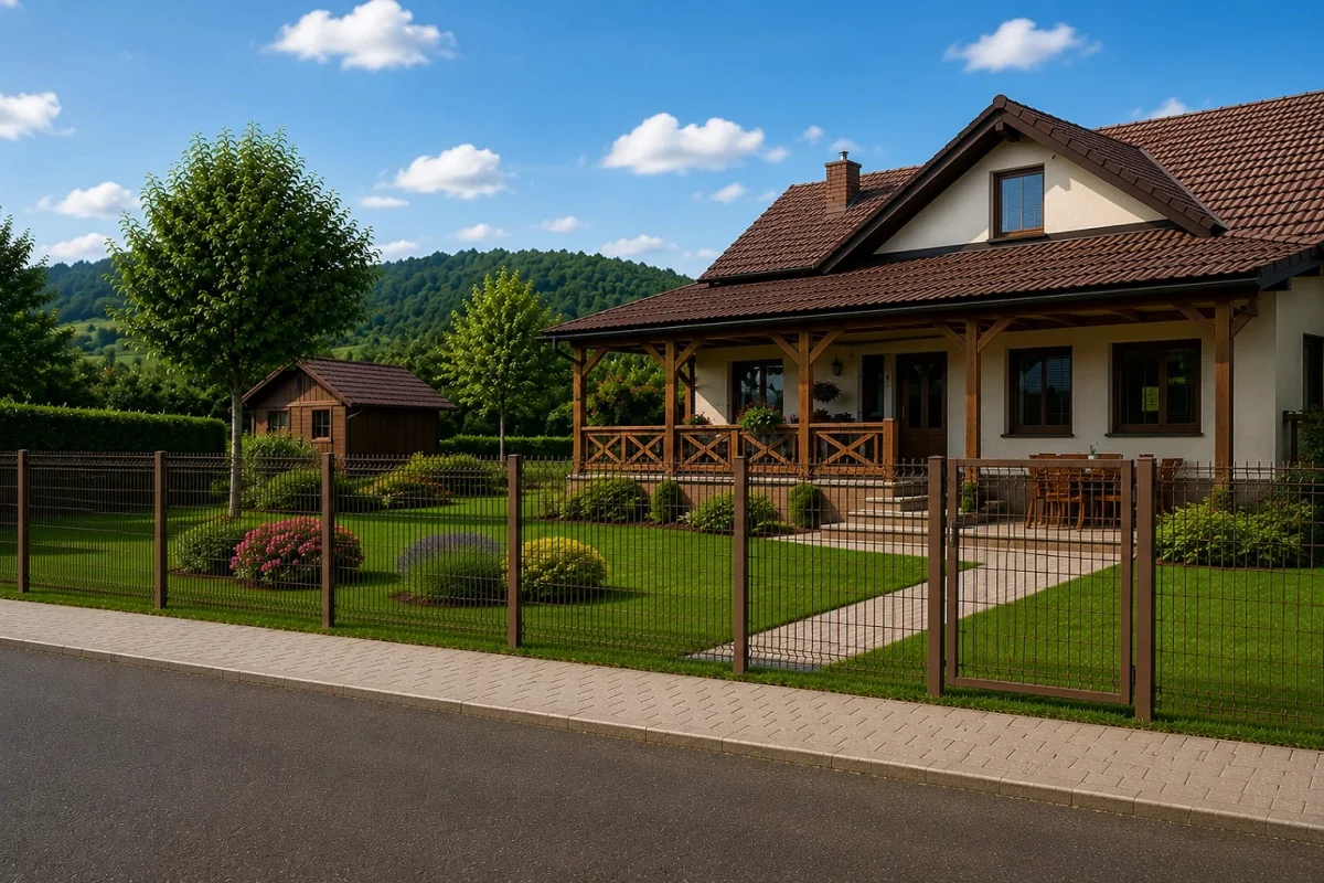 2D Plotový panel – Hnedý 2D plot pri dome s dreveným prístreškom