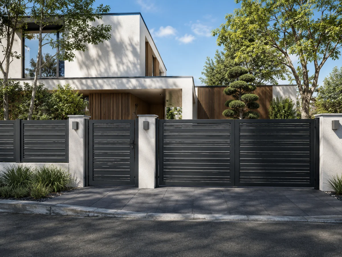 Moderná hliníková brána 5 – husté vodorovné štrbiny – foto 2