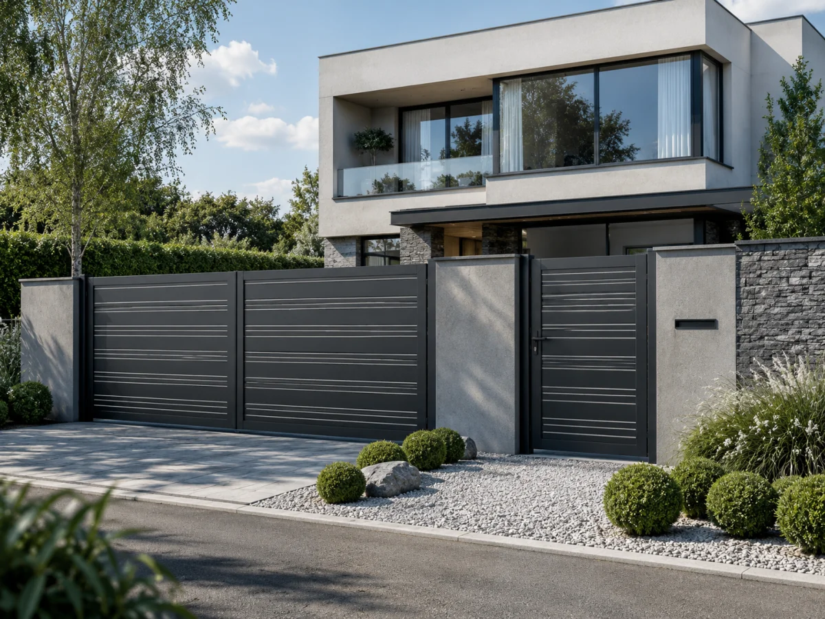 Moderná hliníková brána 5 – husté vodorovné štrbiny – foto 3