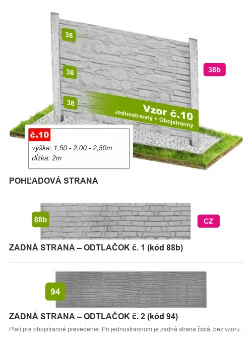 Betónový plot Vzor č. 10 – vrstvený kameň s okruhliakmi – Pohľadová a zadná strana