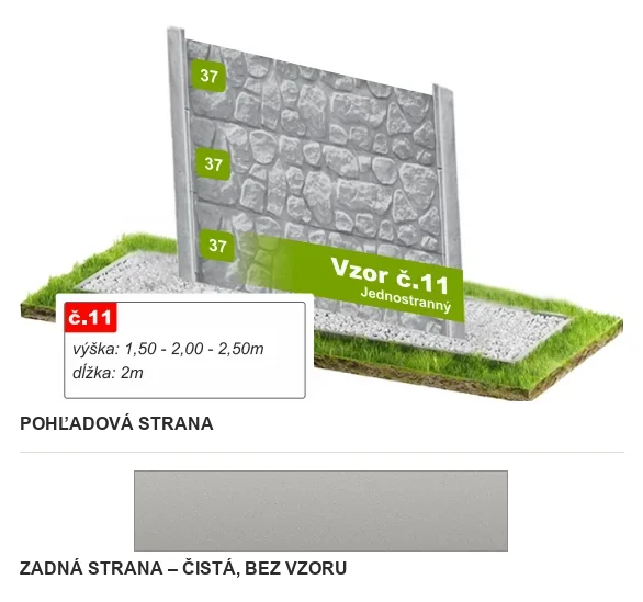 Betónový plot Vzor č. 11 – hrubé kyklopské murivo – Pohľadová a zadná strana