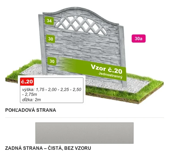 Betónový plot Vzor č. 20 – štiepaný kameň s kosoštvorcovou mrežou – Pohľadová a zadná strana