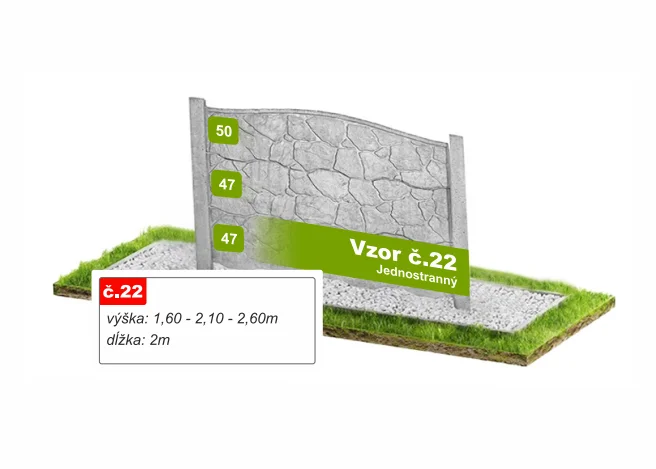Betónový plot Vzor č. 22 – lámaný plochý kameň – Pohľad spredu