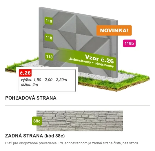 Betónový plot Vzor č. 26 – geometrický 3D reliéf – Pohľadová a zadná strana
