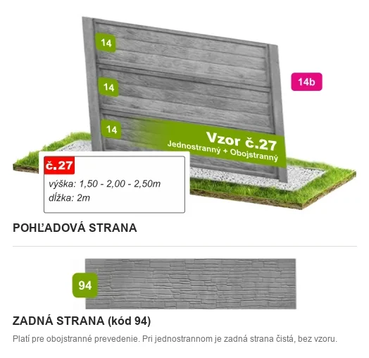 Betónový plot Vzor č. 27 – úzke drevené dosky – Pohľadová a zadná strana