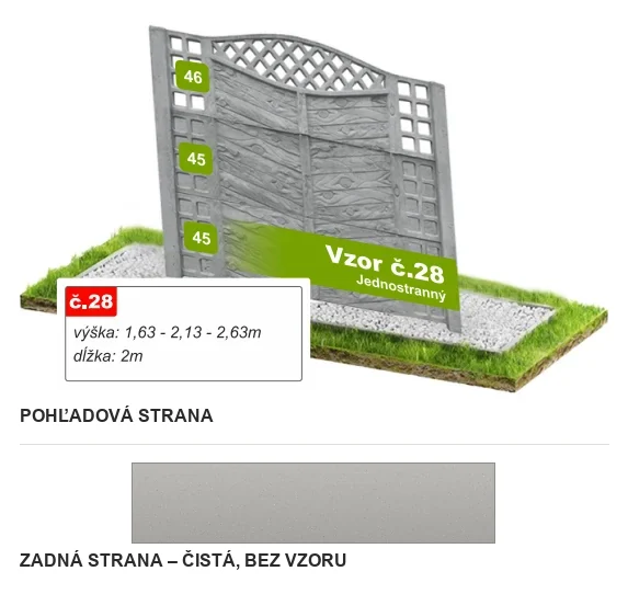 Betónový plot Vzor č. 28 – drevená kresba s mrežou – Pohľadová a zadná strana
