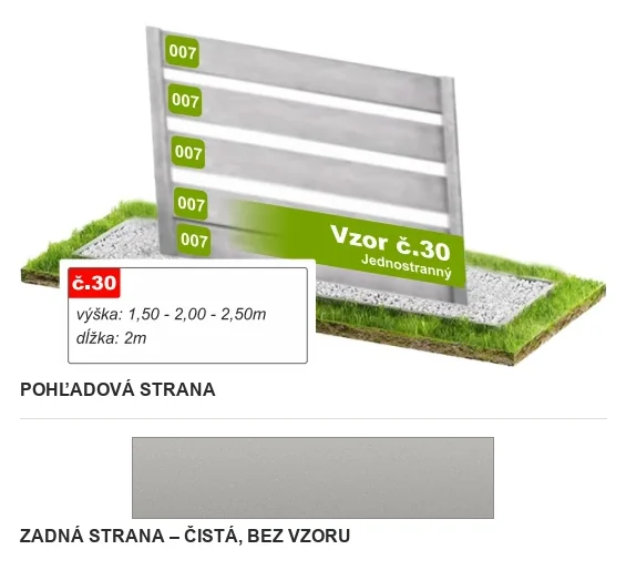 Betónový plot Vzor č. 30 – vodorovné hladké latky – Pohľadová a zadná strana