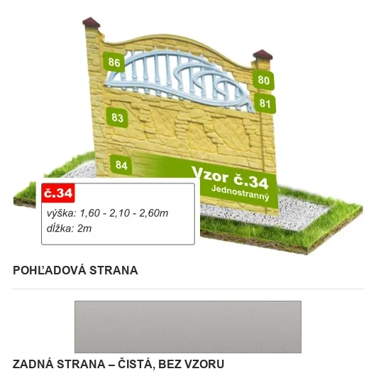 Betónový plot Vzor č. 34 – kameň s prelamovanou mrežou – Pohľadová a zadná strana