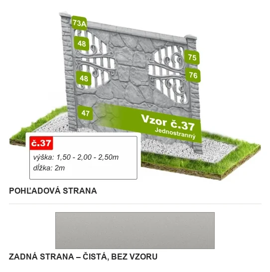 Betónový plot Vzor č. 37 – lámaný kameň s kovanými výplňami – Pohľadová a zadná strana