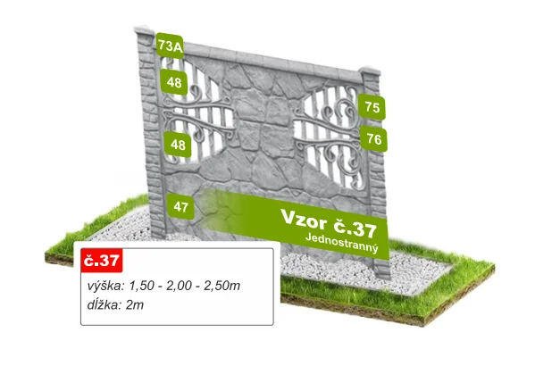 Betónový plot Vzor č. 37 – lámaný kameň s kovanými výplňami – Pohľad spredu