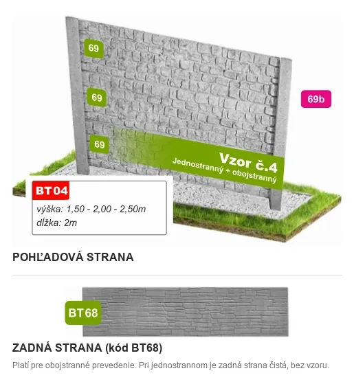 Betónový plot Vzor č. 4 – drobný lámaný kameň – Pohľadová a zadná strana