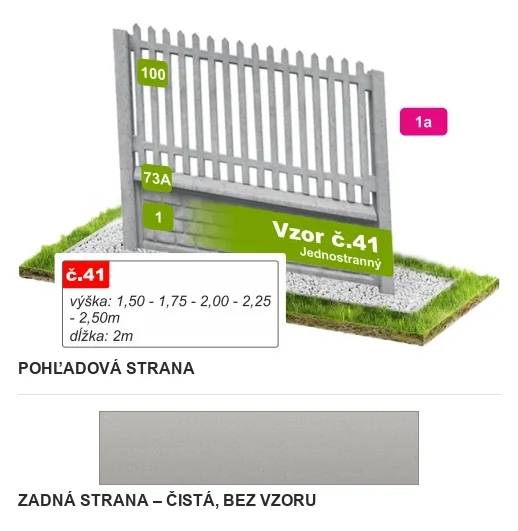 Betónový plot Vzor č. 41 – vysoké zvislé latky – Pohľadová a zadná strana
