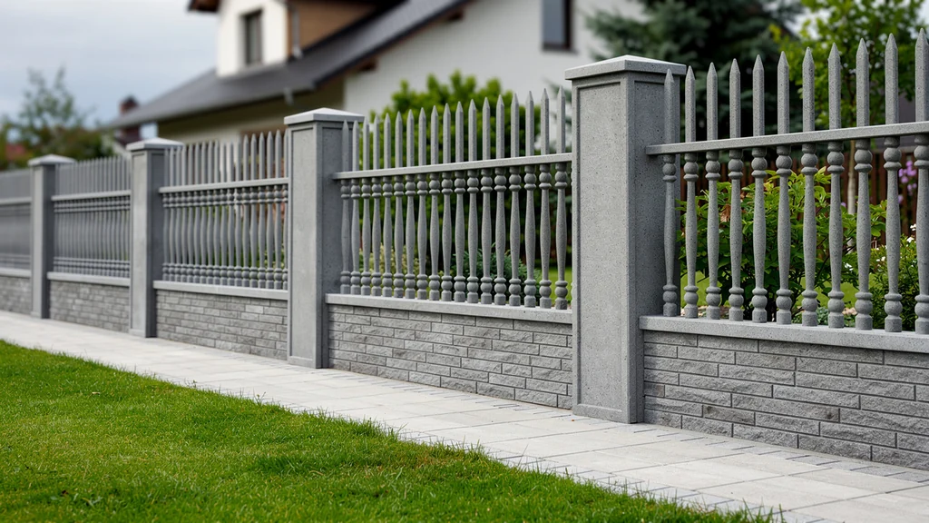 Betónový plot Vzor č. 48 – zvislé latky s vlnovkou – Oplotenie pri rodinnom dome (ilustračná vizualizácia)