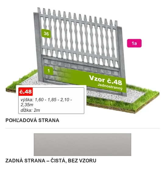 Betónový plot Vzor č. 48 – zvislé latky s vlnovkou – Pohľadová a zadná strana