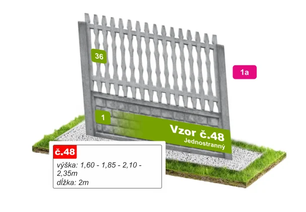 Betónový plot Vzor č. 48 – zvislé latky s vlnovkou – Pohľad spredu