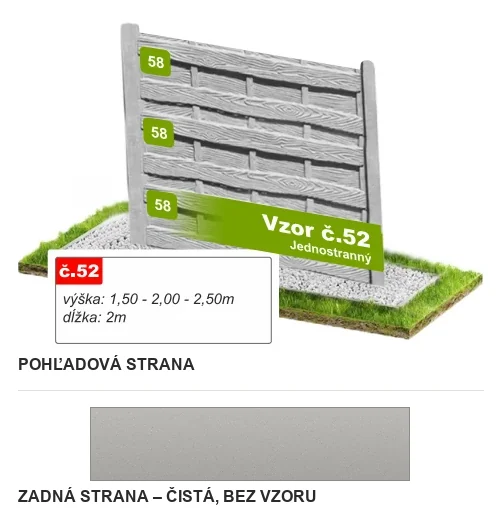 Betónový plot Vzor č. 52 – imitácia dreveného obkladu – Pohľadová a zadná strana