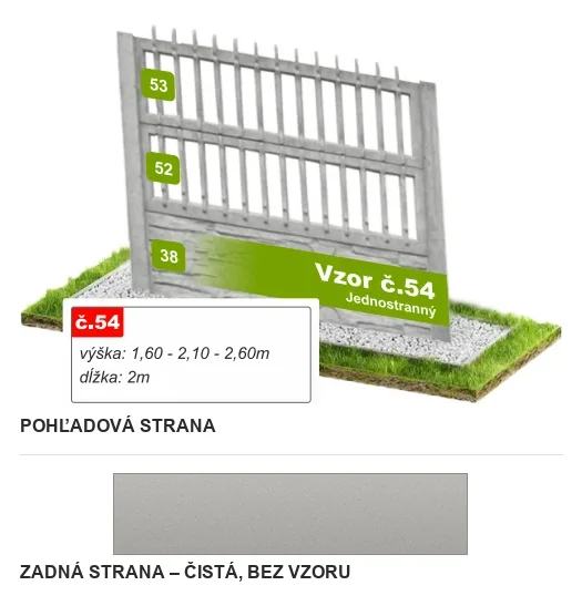 Betónový plot Vzor č. 54 – hladké zvislé latky – Pohľadová a zadná strana