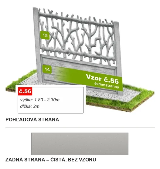 Betónový plot Vzor č. 56 – prelamované konáre – Pohľadová a zadná strana
