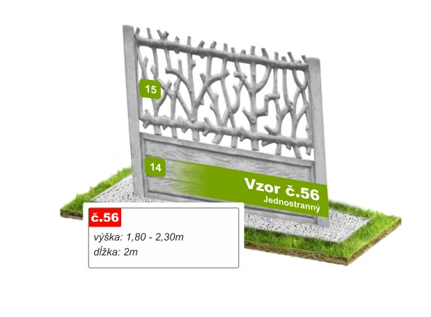 Betónový plot Vzor č. 56 – prelamované konáre – Pohľad spredu
