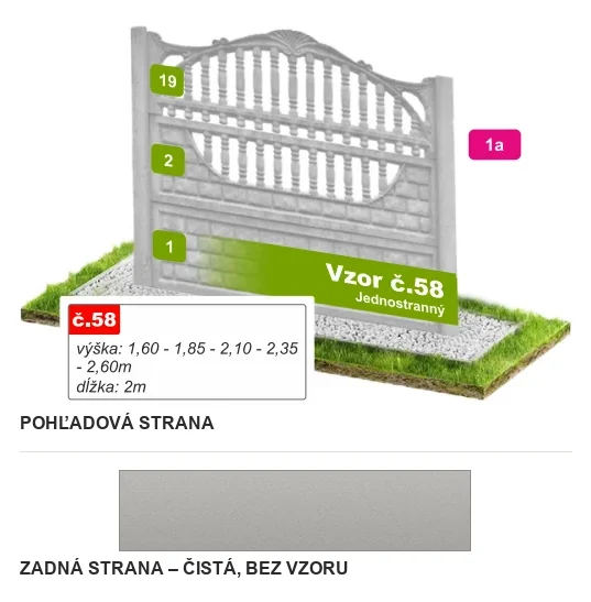 Betónový plot Vzor č. 58 – balustráda s oblúkom – Pohľadová a zadná strana