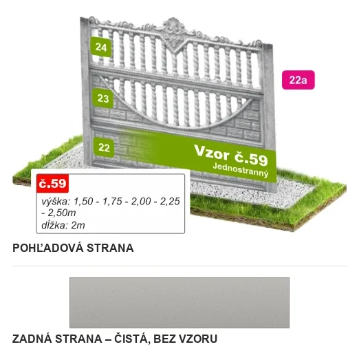 Betónový plot Vzor č. 59 – balustráda s korunkou – Pohľadová a zadná strana
