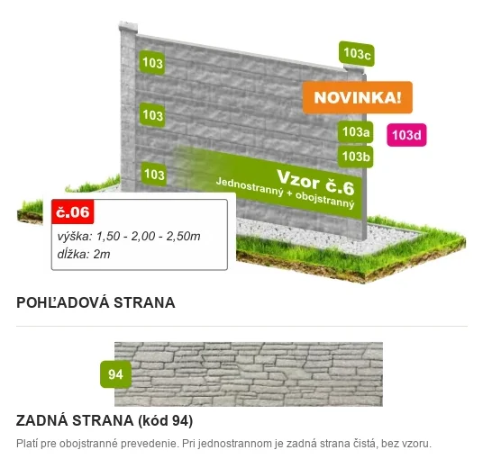 Betónový plot Vzor č. 6 – vrstvený štiepaný kameň – Pohľadová a zadná strana