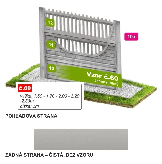 Betónový plot Vzor č. 60 – zvislé latky nad oblúkom – Pohľadová a zadná strana