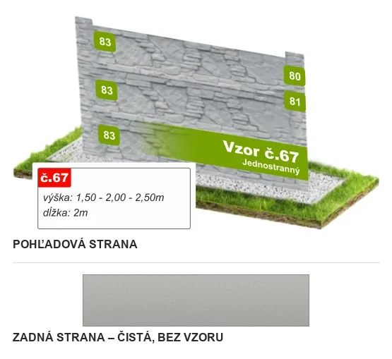 Betónový plot Vzor č. 67 – lámaný plochý kameň – Pohľadová a zadná strana