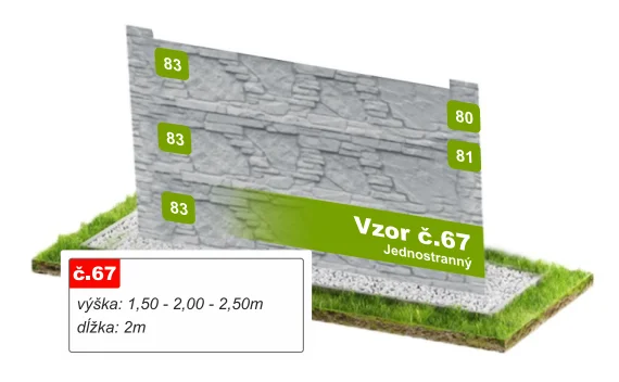 Betónový plot Vzor č. 67 – lámaný plochý kameň – Pohľad spredu