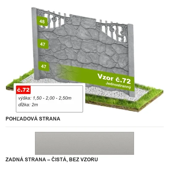 Betónový plot Vzor č. 72 – lámaný kameň s ornamentom – Pohľadová a zadná strana