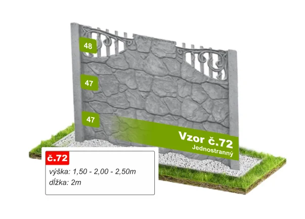 Betónový plot Vzor č. 72 – lámaný kameň s ornamentom – Pohľad spredu