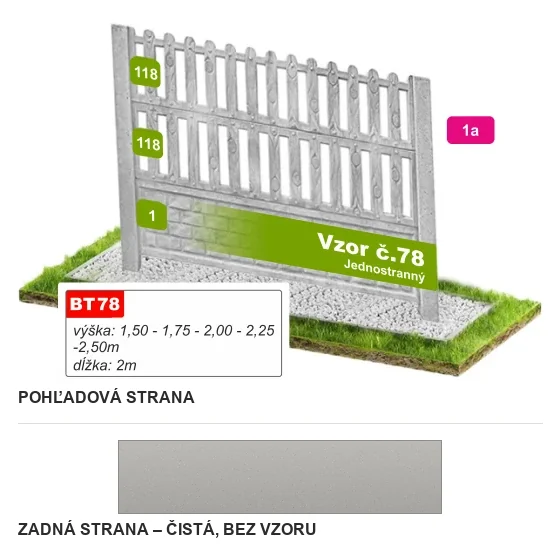 Betónový plot Vzor č. 78 – husté zvislé latky – Pohľadová a zadná strana