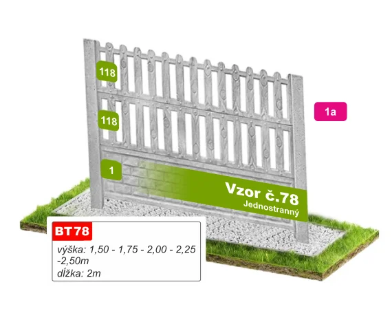 Betónový plot Vzor č. 78 – husté zvislé latky – Pohľad spredu
