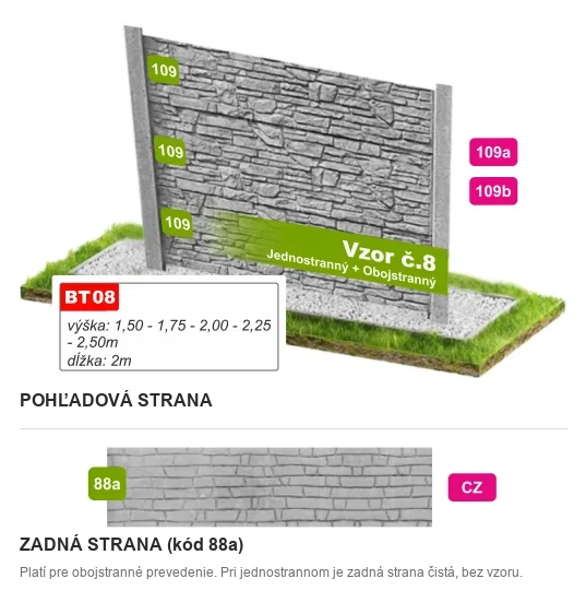 Betónový plot Vzor č. 8 – hrubý lomový kameň – Pohľadová a zadná strana