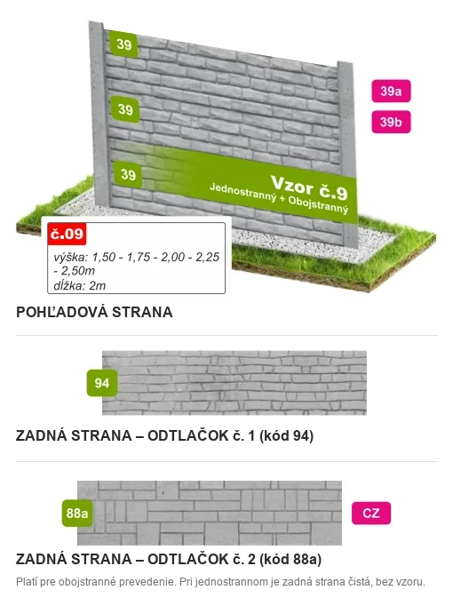 Betónový plot Vzor č. 9 – ploché kamenné kvádre – Pohľadová a zadná strana